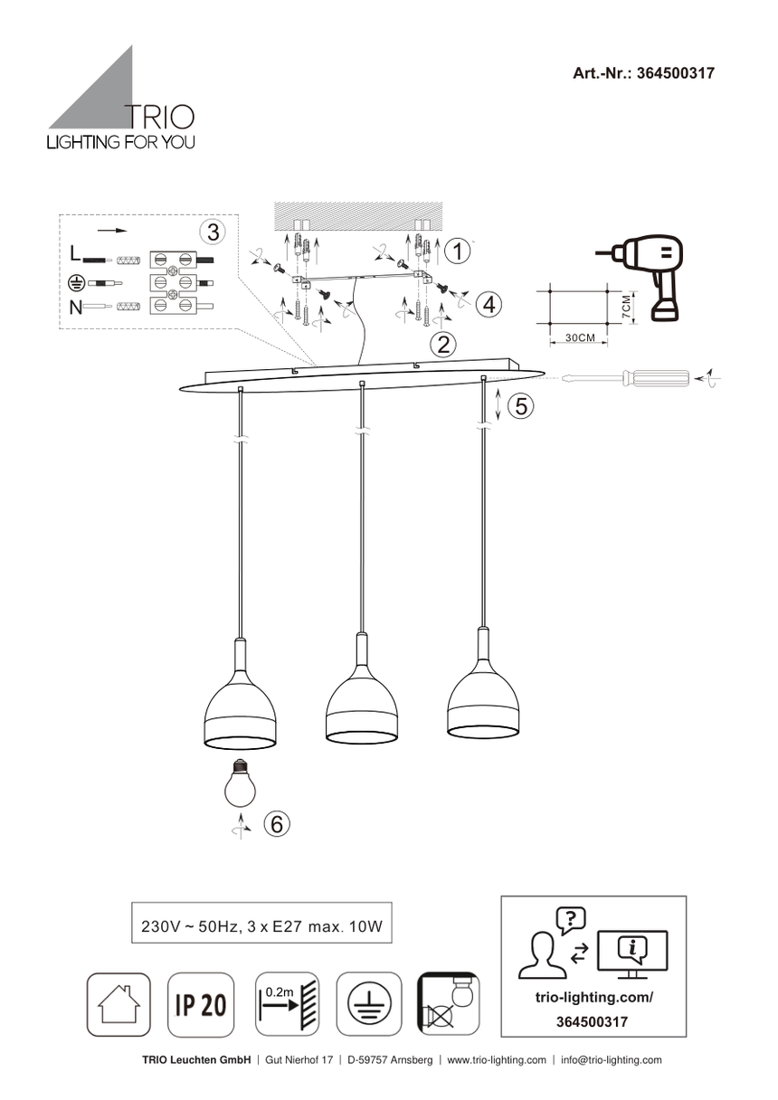 Esquema oficial de montaje de Trio Jerano 364500317: instalación y colocación de bombillas E27, IP20