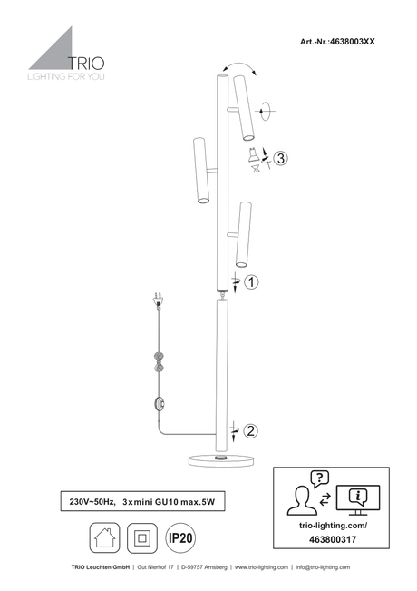 Esquema oficial de montaje de Trio Terloa 463800317: instalación y colocación de bombillas Mini GU10, IP20