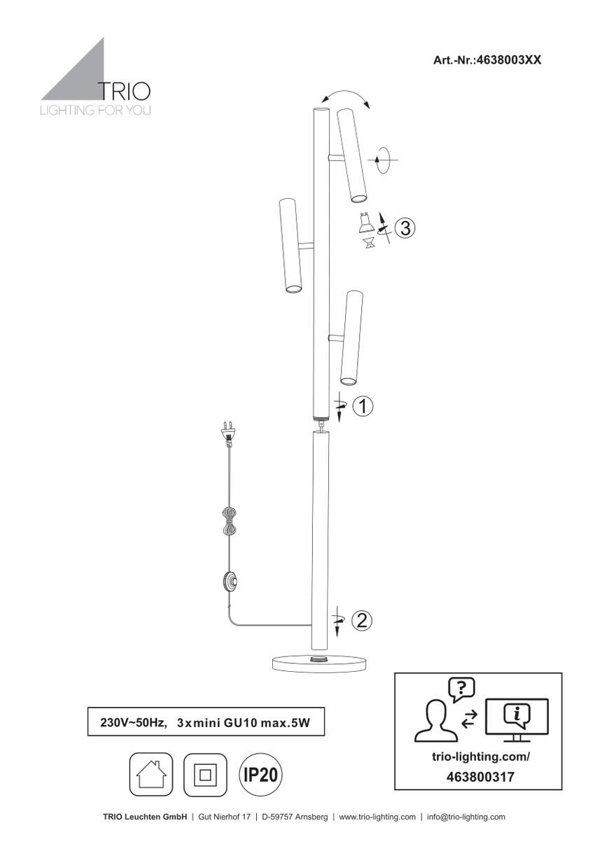 Esquema oficial de montaje de Trio Terloa 463800317: instalación y colocación de bombillas Mini GU10, IP20