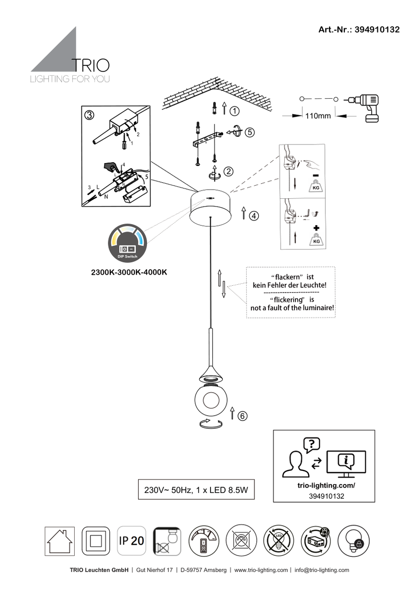 Esquema oficial de montaje de Trio 394910132, alimentación, clase eléctrica y protección IP20