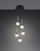 Trio Calista 394930532, cinco colgantes de cristal con acabado cromo y base circular negra mate
