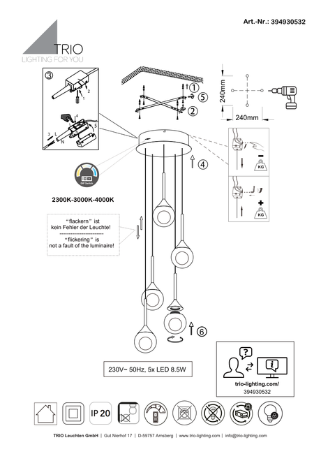 Esquema oficial de montaje de Trio 394930532, alimentación, clase eléctrica y protección IP20
