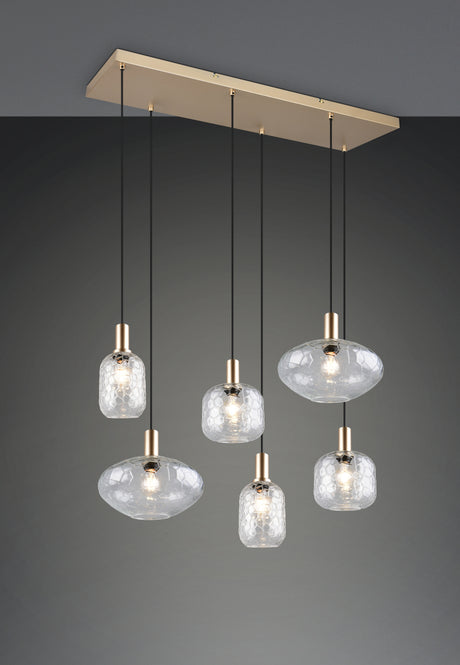 Lámpara colgante Trio Emelie R38156052, seis tulipas de cristal transparente y soporte rectangular dorado