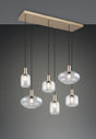 Lámpara colgante Trio Emelie R38156052, seis tulipas de cristal transparente y soporte rectangular dorado