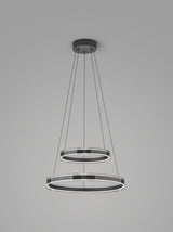 Lámpara colgante Valeria de dos aros en negro mate y acrílico ahumado, con luz superior e inferior