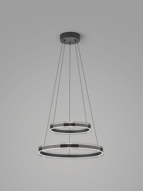 Lámpara colgante Valeria de dos aros en negro mate y acrílico ahumado, con luz superior e inferior