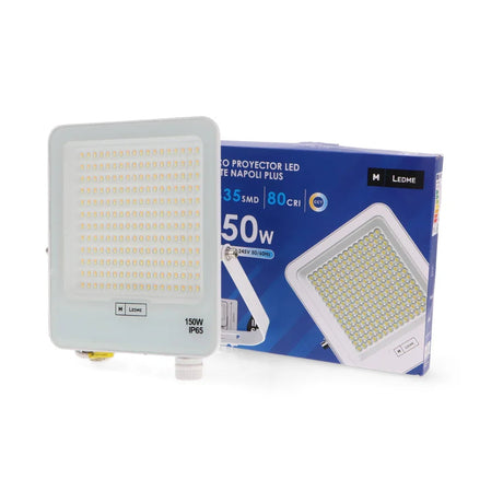 Proyector LEDME Napoli Plus LM6823 blanco junto a su embalaje de 150 W CCT