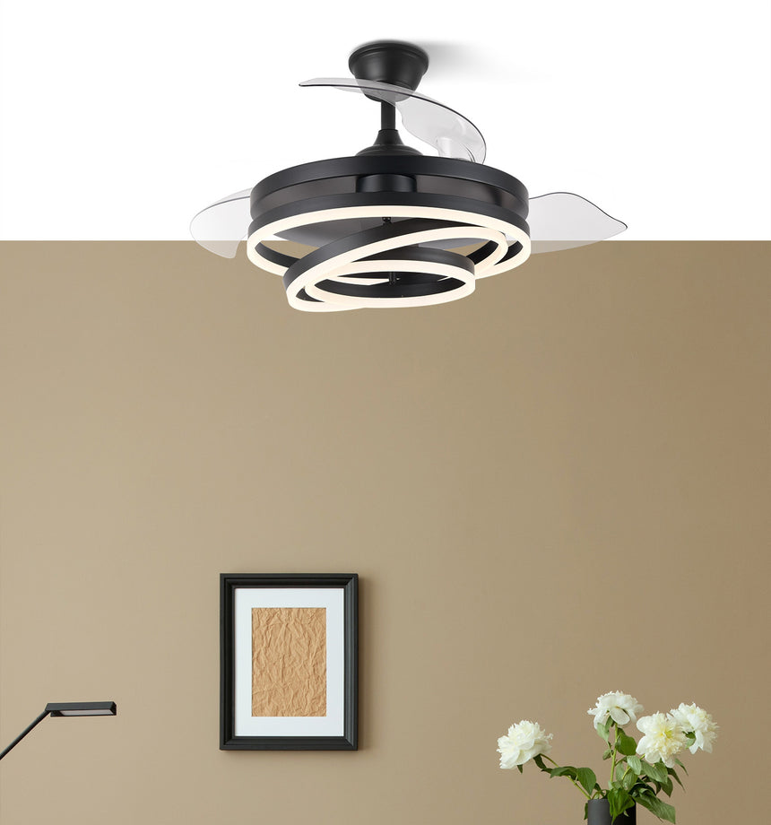 Ventilador de techo retráctil Fabrilamp Kai LED negro 3 palas motor DC 3000-6000K Ø107cm 72W — vista 7