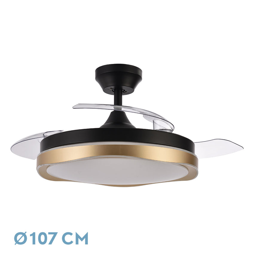 Ventilador de techo retráctil Fabrilamp Blondi LED negro dorado 3 palas motor DC 3000-6000K Ø107cm — vista 1