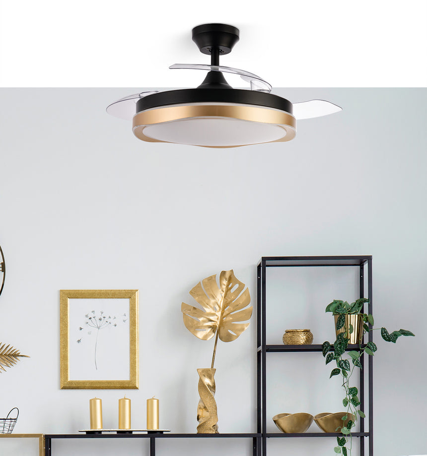 Ventilador de techo retráctil Fabrilamp Blondi LED negro dorado 3 palas motor DC 3000-6000K Ø107cm — vista 4