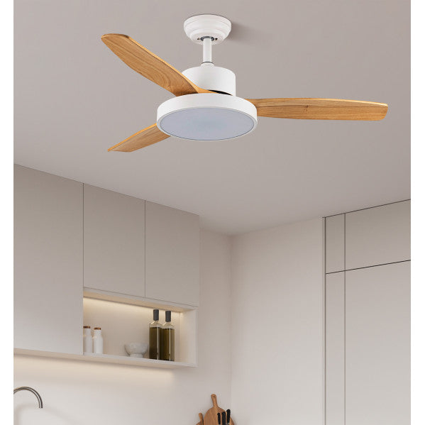 Ventilador de techo Fabrilamp Kavala LED blanco haya 3 palas motor DC Ø112cm 48W 212791368