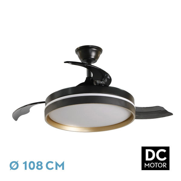 Ventilador de techo retráctil Fabrilamp Mandarin LED negro dorado 3 palas motor DC Ø108cm 72W 239591316