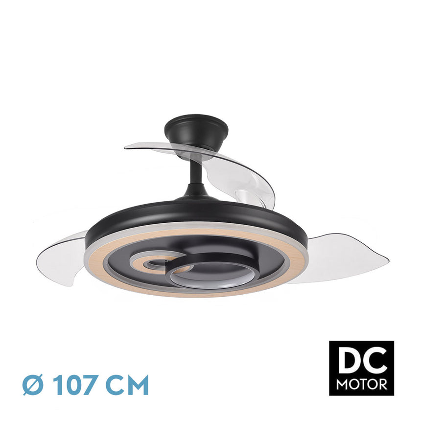 Ventilador de techo retráctil Fabrilamp Sultan LED negro madera 3 palas motor DC 3000-6500K Ø107cm — vista 1