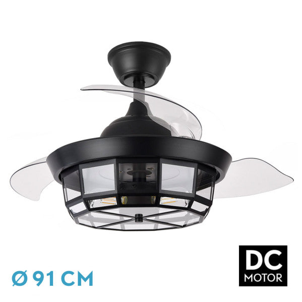 Ventilador de techo retráctil Fabrilamp Tornado LED negro 3 palas motor DC Ø91cm 222699009
