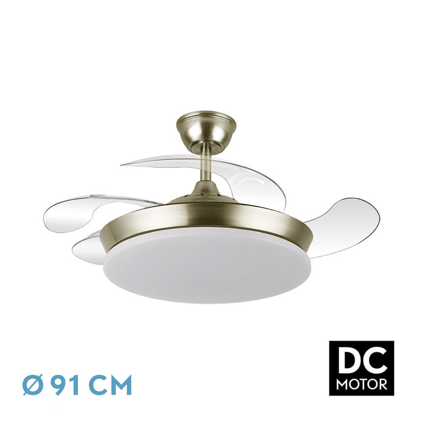 Ventilador de techo retráctil Fabrilamp Tridente LED cuero 4 palas motor DC 3000-6000K Ø91cm 59W — vista 1