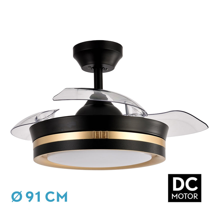 Ventilador de techo retráctil Fabrilamp Viper LED negro dorado 3 palas motor DC 3000-6000K Ø91cm 48W — vista 2