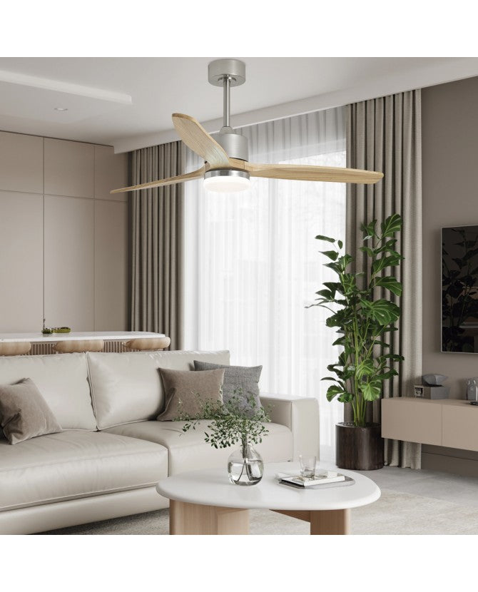 Ventilador de techo con luz AJP Madeira LED níquel madera clara 3 palas 3000-6500K Ø132cm 40W 16044