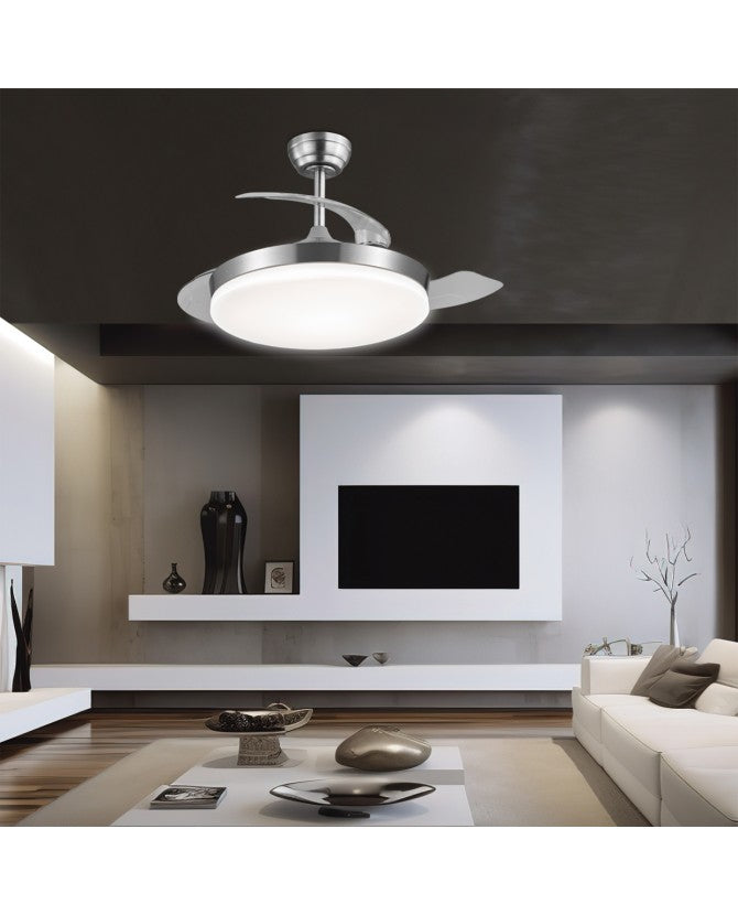 Ventilador de techo retráctil con luz AJP Malta LED níquel satinado 3 palas 3000-6500K Ø50cm 54W 11532