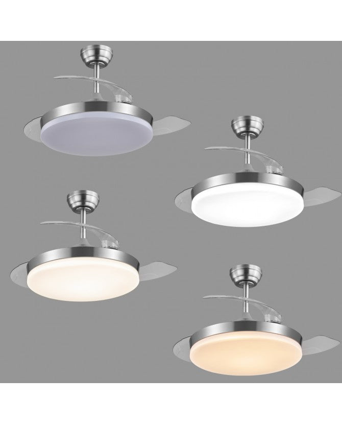 Ventilador de techo retráctil con luz AJP Mini Malta LED níquel satinado 3 palas 3000-6500K Ø40cm 36W 11529