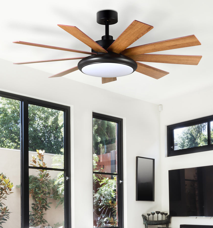 Ventilador de techo Fabrilamp Pireo LED negro roble haya 9 palas motor DC 3000-6000K Ø132cm 36W — vista 1